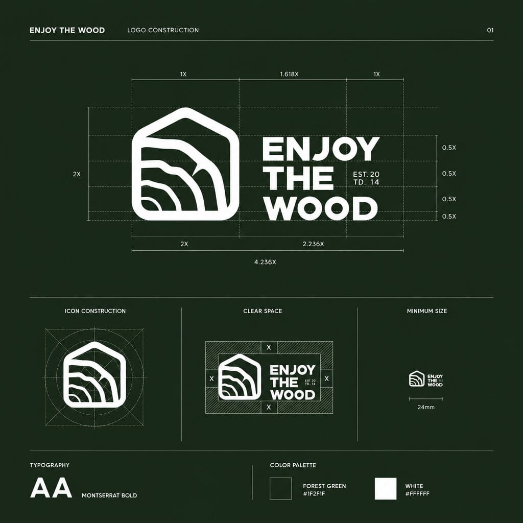 Technical construction and geometric grid of the Enjoy The Wood logo design